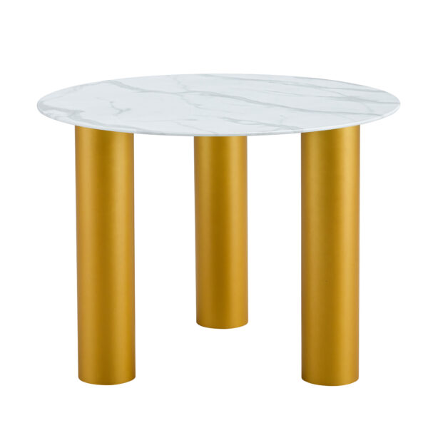 Table and chair set, round table with white marble pattern, gold MDF table legs, soft and comfortable dining chair, suitable for kitchen and living room