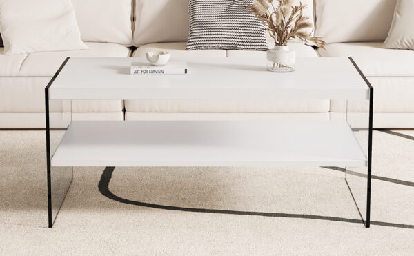 Double rectangular coffee table. The board surface is MDF, with white stickers, and both sides are transparent tempered glass. Suitable for living room, bedroom and other occasions.