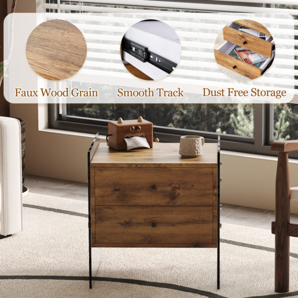 c16965b67dd84dbea1e88c498eb0dc14_b0ab1bd062b28834648534514f427726 Double-drawer bedside table. The board surface is MDF sticker, and both sides are transparent tempered glass. The design is simple and elegant, with excellent storage functions.