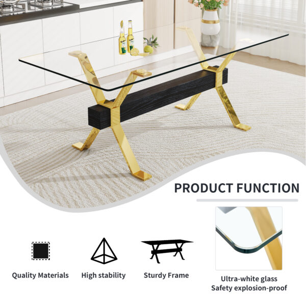 c16f5dafce65473e8361b74a21994ffe_afc089929651ac629e40fa1712f906ec Dining table. Modern tempered glass dining table. Large modern office desk with gold metal legs and MDF crossbars, suitable for home and office use. Kitchen .71 ''x35.4''x30 '' 1105