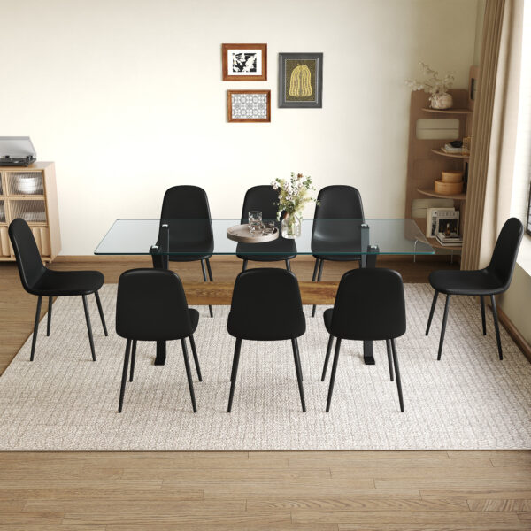 Table and chair set.79"x31.5" with X-shaped Black Metal Table Legs,Wood Grain Textured MDF Crossbeam.Paired With 8 Modern Mid-Century Style Upholstered Side Black PU Chairs.