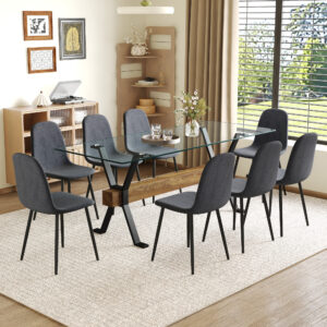 Table and chair set.79"x31.5" with X-shaped Black Metal Table Legs,Wood Grain Textured MDF Crossbeam.Paired With 8 Chairs Made Of Dark Gray Lnen Fabric.Iron pipe spraying Legs.
