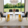 Table and chair set.63"x31.5x30" Luxurious Pandora patterned Sintered Stone Tabletop with Golden Stainless Steel Butterfly Legs.Paried With 4 Black PU Chairs with Simple Line Designs On The Backrest.
