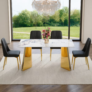 Table and chair set.63"x31.5x30" Luxurious Pandora patterned Sintered Stone Tabletop with Golden Stainless Steel Butterfly Legs.Paried With 4 Black PU Chairs with Simple Line Designs On The Backrest.