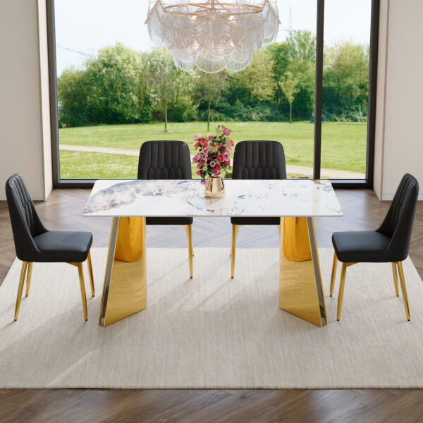 c1a234e6718f4b04908e8ce734050b28_814ed5f5cee8de989ada602686a9cbc7 Table and chair set.63"x31.5x30" Luxurious Pandora patterned Sintered Stone Tabletop with Golden Stainless Steel Butterfly Legs.Paried With 4 Black PU Chairs with Simple Line Designs On The Backrest.