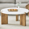 33.4-inch diameter minimalist circular MDF material coffee table, a stable and practical choice. The unique embedded design and the support of three table legs make the coffee table structure stable.