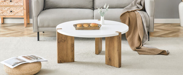 c1a26ca9392340a18a42402c7a4a7d00_323c94a8d2fc67032fa5706e86a73ac5 33.4-inch diameter minimalist circular MDF material coffee table, a stable and practical choice. The unique embedded design and the support of three table legs make the coffee table structure stable.