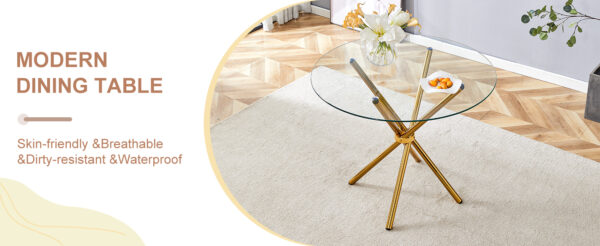 c1aa1b8407f34b6b8cbd3937319a6583_b8f0e3ef1b8ce6af0619f4512e8eebec Round clear glass dining table with a unique shape for 4-6 people, with ring-shaped gathered gold metal legs, suitable for desks, kitchens, terraces, dining rooms.