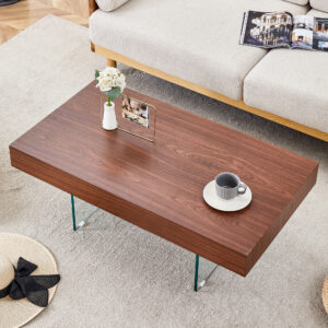 Walnut Colored MDF Coffee Table - 39.3"x21.6" with Tempered Glass Legs.Density Board Sticker,Reinforced Glass Legs.Walnut Colored Texture Sticker.