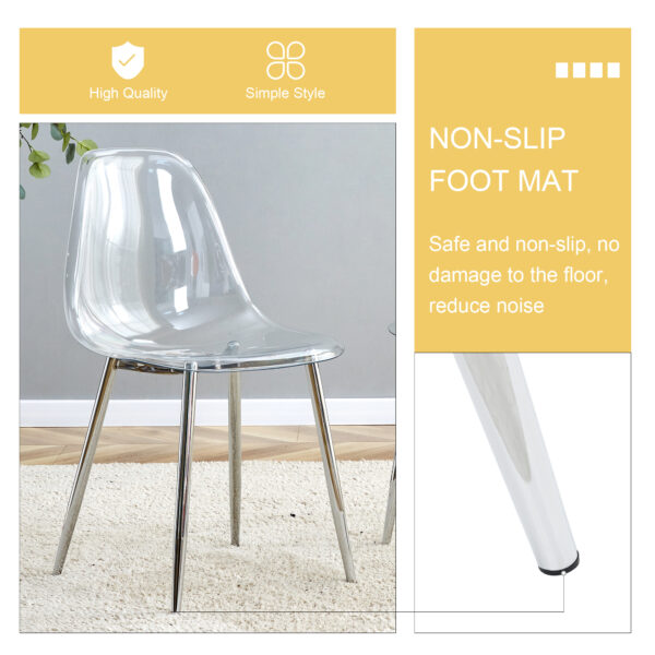 c1d8153809d64a9bafd5d3ab050f5f12_3e241bc5ec0d8d08d01c1a0b730ed274 Table and chair set.Modern Luxurious white Marble-Patterned Tempered Glass Dining Table with 6 Transparent Plastic Chairs with silver legs.Single fork silver metal table legs.