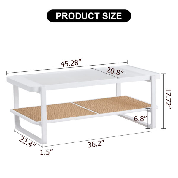 c258d46a931a4ead81052ceb8c8c3740_20240123_e433b52efbefa3c58e7f48528a2befe7 Modern minimalist white double layered solid wood coffee table. Glass tabletop, imitation rattan edge table. Rectangular table suitable for living room, dining room, and bedroom