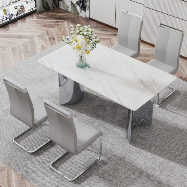 Modern minimalist dining table. Imitation marble glass sticker desktop, stainless steel legs, stable and beautiful. 4 premium PU seats. 63 inches * 35.4 inches * 29.5 inches DT-69 C-1162