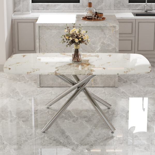 c25f426a2d454a2b8da8f69f0ffd0e83_3224fddd3cba3ccd423b38572255e42e Large modern minimalist rectangular dining table with 0.39 "imitation marble tabletop and silver metal legs, suitable for kitchens, restaurants, living rooms, conference rooms.W1151S00986