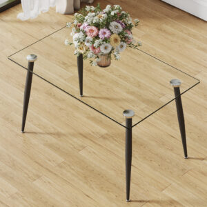 Modern rectangular glass dining table, suitable for 4-6 people, equipped with tempered glass tabletop and black metal legs, writing desk, suitable for kitchen, dining room, and living room.W1151S00805