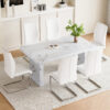 Table and chair set.63"*35.4" White Imitation Marble Pattern MDF Dining Table Set - 6 Soft and Comfortable White PU Chair With Arched Metal Silver Leg.Create Your Exclusive Low-Key Luxury Space.