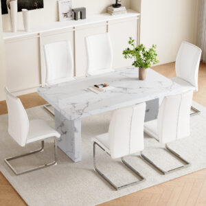 Table and chair set.63"*35.4" White Imitation Marble Pattern MDF Dining Table Set - 6 Soft and Comfortable White PU Chair With Arched Metal Silver Leg.Create Your Exclusive Low-Key Luxury Space.