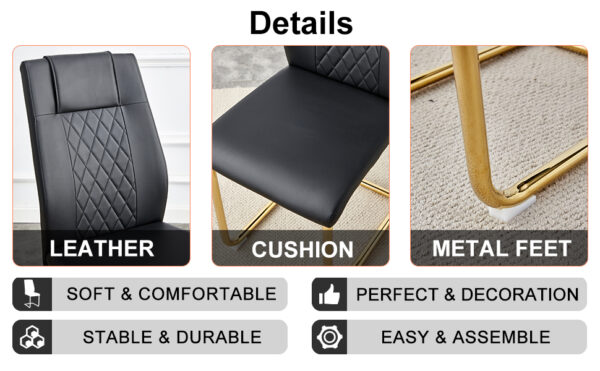 c2cc1058e5b4452cb4157bb1acd69562_b95b88ebf25f6757c63dc44931127b69 Table and chair set.Subtle Luxury Tempered Glass Dining Set - 63"x35.4" with 6 Black PU Chairs with golden C-tube metal leg.Arched Metal Gold Leg.White imitation marble texture sticker Tabletop.