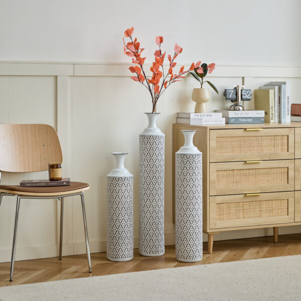 c2d4733be4fa4a7d9cf26f55ab2794b5_1329469abe4cc74c14b0465b30574ef4 Floor Metal Vases Decorated White Metal vases Set of 3 gorgeous home decoration large glazed metal vases 24in/28.7in/33.5in height