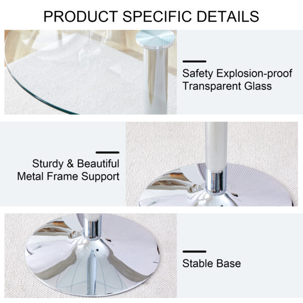 c2fa4e96b2194d9c83737d214bbb6f5c_5f7f7a9e5bb68ed1485502b04f3d8cd2 A glass tabletop with a diameter of 35 inches and a modern minimalist circular dining table with electroplated silver metal legs. Suitable for restaurants, living rooms, and conference rooms.BT-1166