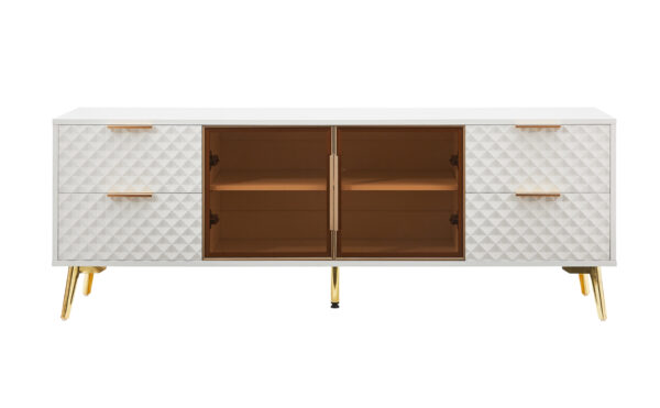 Deluxe Sculpted Modern Fashion Geometric Style TV Stand, Aluminum Frame Tempered Glass Door 4 Drawer Chest with Adjustable Metal Feet ,White,59.9"L x 15.7"W x 21.7"H