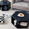 Modern Minimalist Black Hexagonal Coffee Table Set.Hexagonal MDF coffee table, characteristic pattern stickers, multi-hole design to give more storage space.Two coffee tables of different sizes.