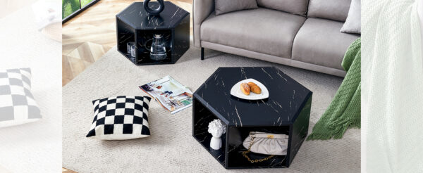 c328c0f28b6f41209437bac222e17adf_96ccc56126ee102c4959a8bd335fc10b Modern Minimalist Black Hexagonal Coffee Table Set.Hexagonal MDF coffee table, characteristic pattern stickers, multi-hole design to give more storage space.Two coffee tables of different sizes.
