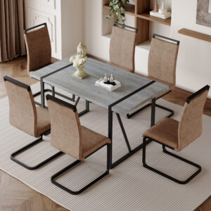 Table and chair set. Modern minimalist grey marble textured MDF dining table with metal frame.Paired with 6 brown technology fabric chairs with Featuring arched black legs.