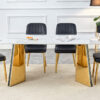 Table and chair set.63"x31.5x30" Luxurious Snow Mountain Patterned Sintered Stone Table with Stainless Steel Butterfly Legs.Paried With 4 White PU Chairs with Simple Line Designs On The Backrest.