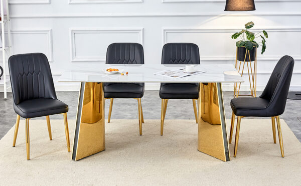 c34eb6bf6a0c47b48ee5e717fb9c577c_b89240dbdb0f95e858d8e26d42f89bb5 Table and chair set.63"x31.5x30" Luxurious Snow Mountain Patterned Sintered Stone Table with Stainless Steel Butterfly Legs.Paried With 4 White PU Chairs with Simple Line Designs On The Backrest.