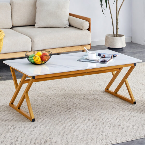 c3608ec1b1d5460c9ab8f216ce8fdbf5_75ef66f35334fe14ae00560b4f862b01 A coffee table made of rock slab material, with a smooth and natural surface that complements the modern design of the golden metal legs, making it suitable for living rooms of all sizes.47*23.6