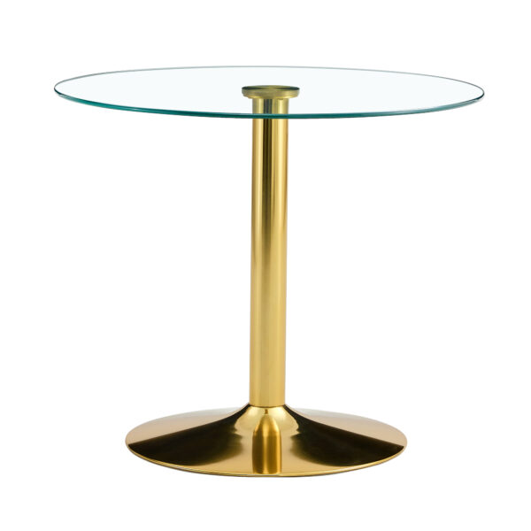 c38791bf9f7646e98586a427dd2b1f8c_c6b58c786b19e428c7f461348bd44158 A 35-inch diameter glass top and a modern, minimalist round dining table with gold metal legs. Ideal for dining rooms, living rooms and meeting rooms.