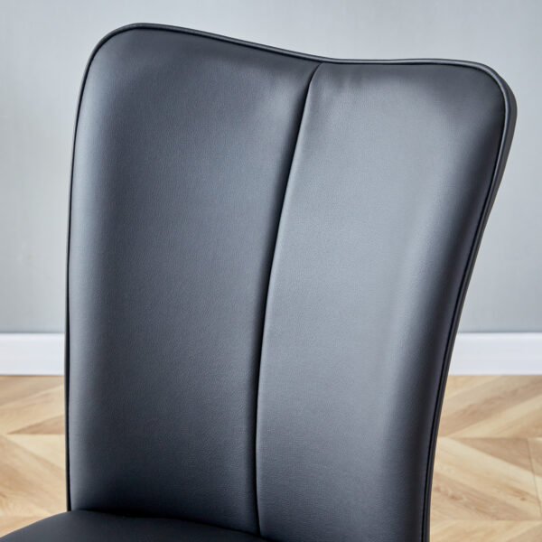 c38eaa1f8a8c487a8b03d986ba516e11_a97219b914dfcb1451ada11d66e46b9d Table and chair set.64.5x35.4 Inch Stylish White Marble Textured Dining Table.Paried With 4 Black PU Chairs with a vertical stripe design on the backrest.Create Your Exclusive Low-Key Luxury Space.