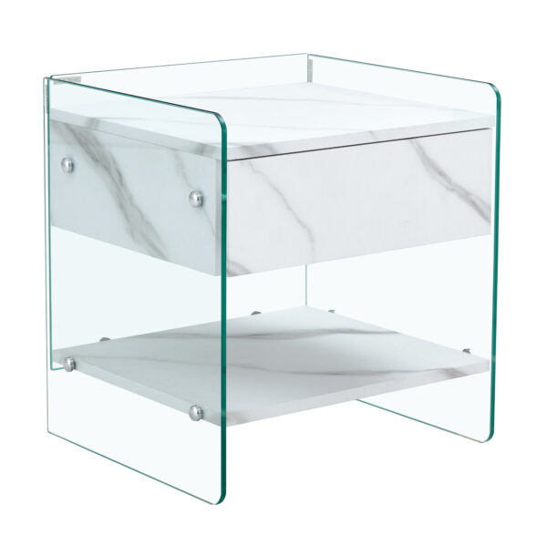 c3a6876a32da4a13a1c2236414eaa3a0_6cbb7e2f648a4f6825a12314861f14fe Bedside table with drawers. The board surface is MDF sticker, and both sides are transparent tempered glass. The design is simple and elegant, with excellent storage functions.