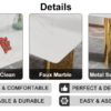 Table and chair set.The table has a glass top with imitation marble pattern stickers and stainless steel golden legs. Paried with chairs with PU artificial leather backrest cushions and black legs.