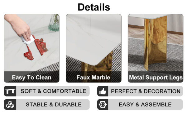 c3c4acd481e742779c07251a31ed3fcb_d60d1fd6163fdfab9c1ad2237c87f985 Table and chair set.The table has a glass top with imitation marble pattern stickers and stainless steel golden legs. Paried with chairs with PU artificial leather backrest cushions and black legs.