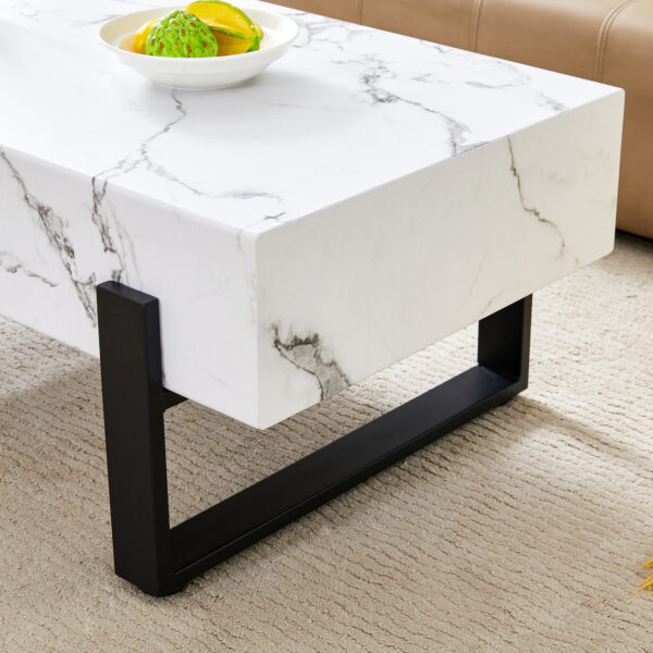 c3ce024c8bd34f35a5a62a113f56ebd9_156e6c3fc97a639661734f92982f83a3 47.2"x23.6" Black and White Minimalist MDF Marble-Patterned Coffee Table.White marble pattern sticker,Black metal leg spray coating,MDF Coffee table.Showcasing a modern and simple style.