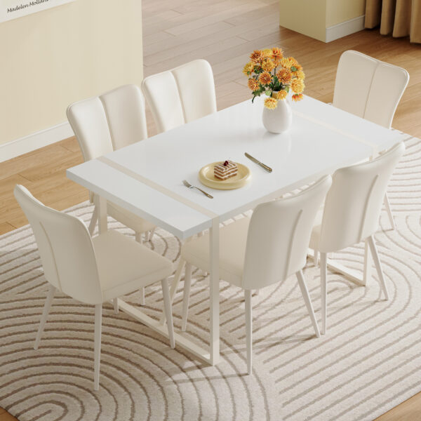 c3da49d437a443e9991e4caa54e11094_d790c6ee8cc70211d08a5f3cd5d5df92 55"x31.5"Cream-Style White MDF Dining Table Set with 6 Armless Chairs.MDF Tabletop and metal legs.The backrest of the dining chair has a vertical line design.Adding a warm atmosphere to your family.