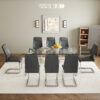 Table and chair set.71 * 35.4 inch rectangular dining table.Tempered Glass Tabletop,Silver 7-shaped Metal Table Legs.Paried With 8 Dark Gray High-quality PU Chairs With Arched Metal Legs.