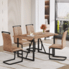 Table and chair set.A retro rectangular dining table with a wood color fishbone textured top and black metal legs.Paired With 4 Brown technology fabric chairs with Featuring arched black legs.