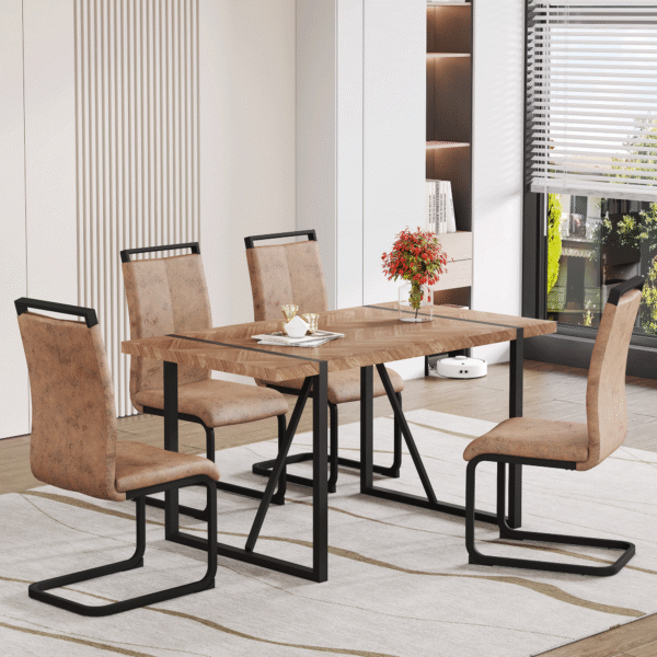 Table and chair set.A retro rectangular dining table with a wood color fishbone textured top and black metal legs.Paired With 4 Brown technology fabric chairs with Featuring arched black legs.