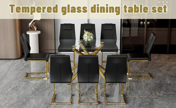 c40da8e71a6c4010939efbc0a221d399_6b95d9ad0cbc3684d4b0bbc733c85474 Table and chair set.Modern Luxurious Transparent Tempered Glass Dining Table Set with 8 Chairs.Single Fork Golden Metal Table Legs.Black high-quality PU dining chairs with golden metal legs.