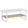 Modern minimalist white double layered solid wood coffee table. Glass tabletop, imitation rattan  edge table. Rectangular table suitable for living room, dining room, and bedroom