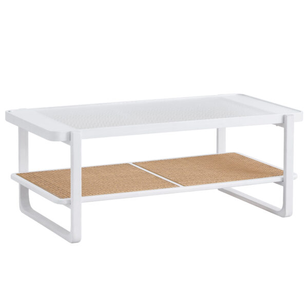 c414cb3ebfae4cca8f2ff8f470a7c122_20240123_2edf0d051632643fa6f32ea2f28cc72e Modern minimalist white double layered solid wood coffee table. Glass tabletop, imitation rattan edge table. Rectangular table suitable for living room, dining room, and bedroom