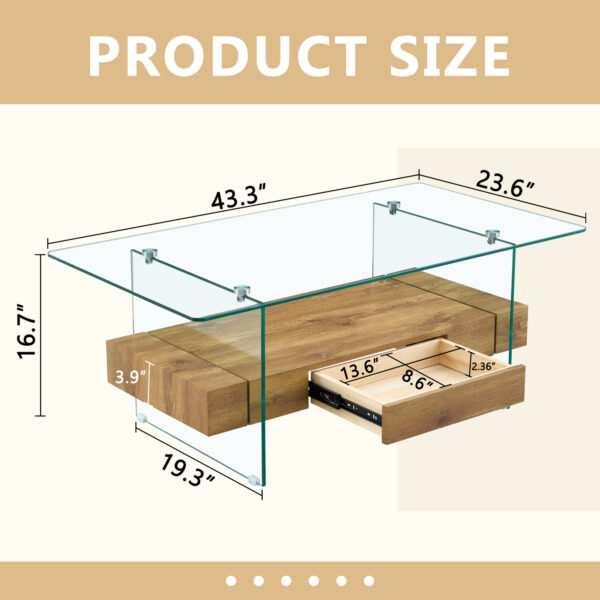 c415d4d58659492f958bc1a51329d3c6_a5ea64753c7eb9711a3ccda1a7ac8e16 43.3 Inch Modern Two-Tier Coffee Table - Clear Tempered Glass and Natural Wood Grain, Multifunctional Storage Design.The bottom tier includes a drawer.Can be used as a coffee table,side table,etc.