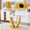 Table and chair set.Luxurious Snow Mountain White Slab Round Dining Table Set - 47"x47" with 4 Black PU Chairs with Simple Line Designs On The Backrest .Golden Metal Legs.