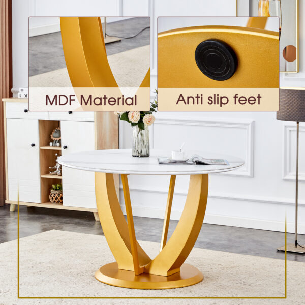 c4240e363ab249b4a66aadbdd2217190_bb201ad6de2602d60265fe926159bdf8 Table and chair set.Luxurious Snow Mountain White Slab Round Dining Table Set - 47"x47" with 4 Black PU Chairs with Simple Line Designs On The Backrest .Golden Metal Legs.