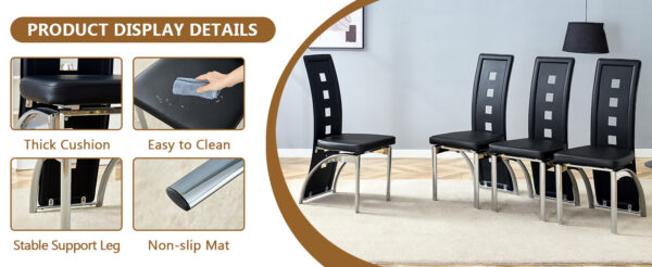 c435efc2275642be9183432ec98fccc9_49e4ce271c1827f896ac2f8518484557 Table and chair set.63"*35.4" White Imitation Marble Pattern MDF Dining Table Set - 4 PU Chair With Black Saddleback, Geometric Pattern Backrest,Silver Curved Metal Leg..Suitable For Various Scenes.