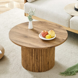 A modern circular coffee table with a diameter of 27.5 inches interprets home aesthetics and practicality. MDF material,cylindrical table leg design.Becoming the visual focal point of home decoration.