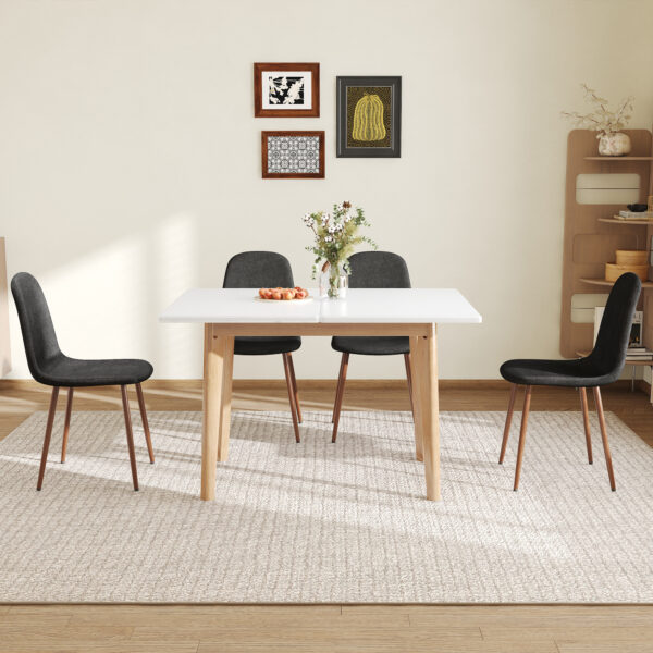 c458373be63e4bda9880d0b206e9fd5c_3012a95c3ce636e27ca942bf2689f8c6 Table and chair set.White Sintered Stone Tabletop, Rubberwood Legs,Foldable Computer Desk, Foldable Desk.Paired With 4 Black Linen-Cotton Material High Resilience Dining Chair with Metal Leg.