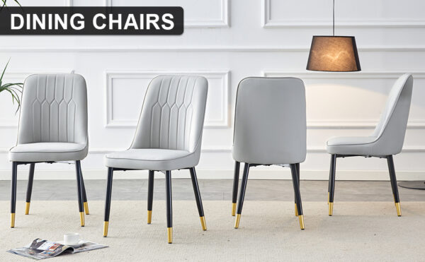 c45e4dd7959048e6b8e79c899e18dc7d_20231107_d0f45299bb531d1e3e9b24b904af2f03 Modern dining chairs are equipped with light gray PU artificial leather backrest cushions and black metal legs, suitable for restaurants,kitchens,and bedrooms.Set of 4pieces (light gray+PU)W1151118943
